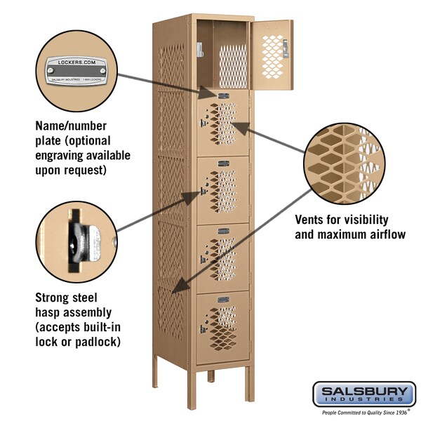 5 Tier Box Vented Locker, 12Wx66Hx15D, 5 Door, Tan, Unassembled